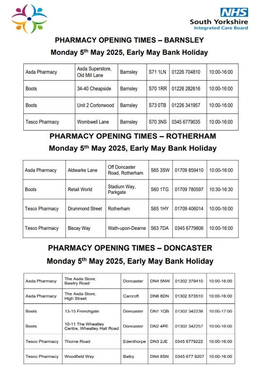 Pharmacy Opening Times Barnsley etc