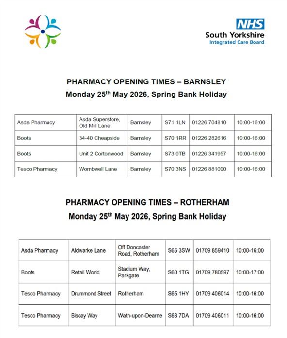 pharmacy opening times late May bank hol